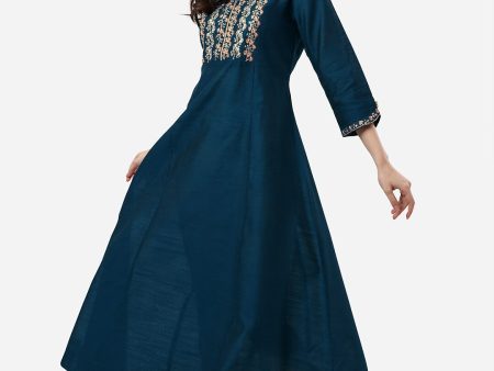 HERE&NOW Mandarin Collar Floral Embroidered A-Line Regular Fit Silk Kurta Discount