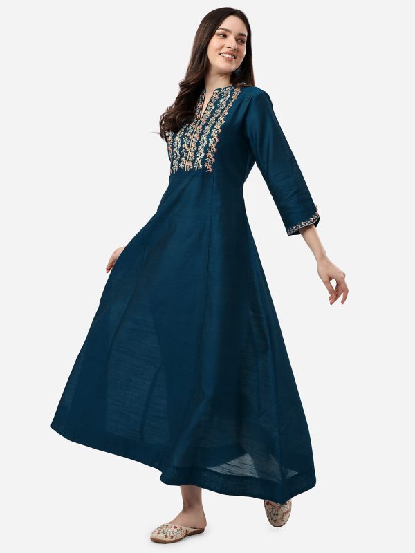 HERE&NOW Mandarin Collar Floral Embroidered A-Line Regular Fit Silk Kurta Discount