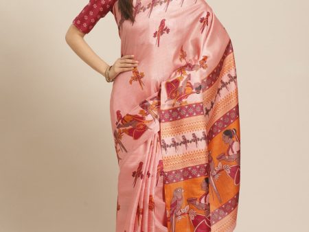 Saree Mall Peach-Coloured & Maroon Warli Print Bhagalpuri Saree Online now