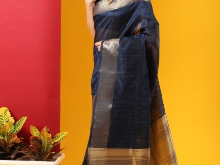 Vishnu Weaves Women s Navy Blue Tussar Silk Zari Woven Saree with Blouse Online now