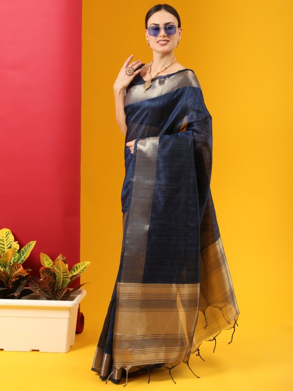 Vishnu Weaves Women s Navy Blue Tussar Silk Zari Woven Saree with Blouse Online now