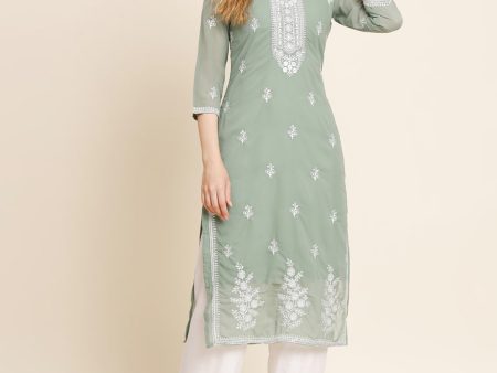 HERE&NOW Ethnic Motifs Embroidered Thread Work Georgette Kurta For Discount