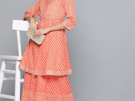 HERE&NOW Ethnic Motifs Print High Slit Cotton Kurta with Sharara Sale