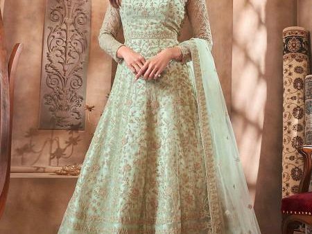 Myra Beautiful Pastel Green Butterfly Net Embroidered Anarkali Suit For Cheap