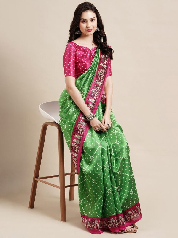 Saree Mall Green & Fuchsia Bandhani Silk Blend Bandhani Sarees Supply