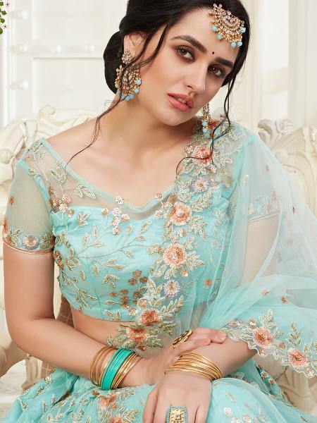 Myra Baby Blue Heavy Embroidered Net Lehenga Hot on Sale