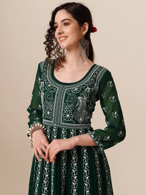 HERE&NOW Ethnic Motifs Embroidered Chikankari Georgette Anarkali Kurta Cheap