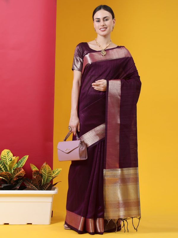 Vishnu Weaves Women s Wine Tussar Silk Zari Woven Saree with Blouse For Sale