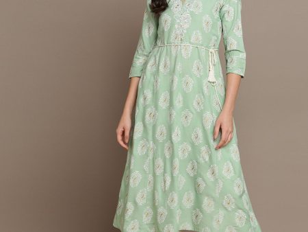 HERE&NOW Embroidered Ethnic Motif Printed Notched Neck A-Line Kurta Sale