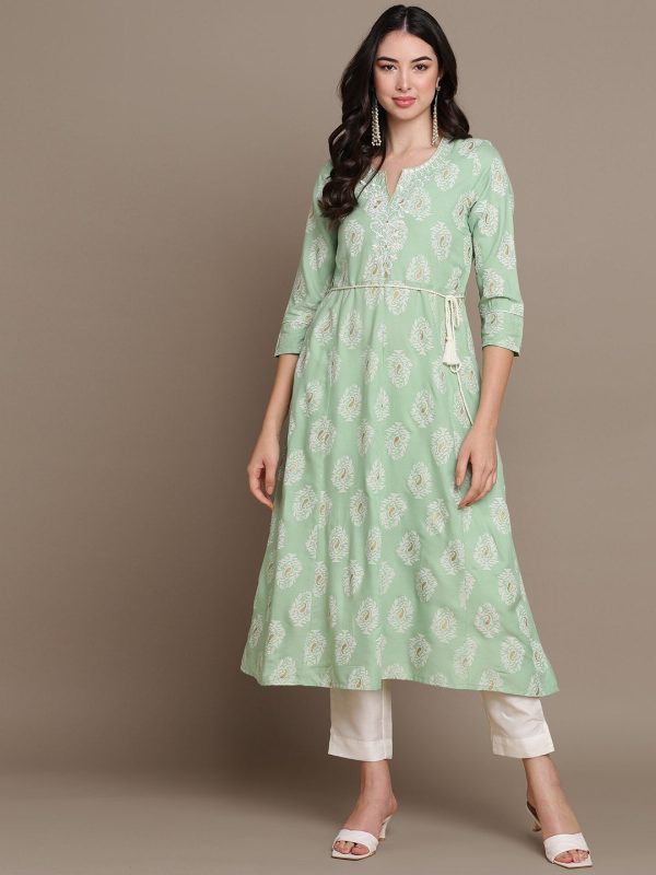 HERE&NOW Embroidered Ethnic Motif Printed Notched Neck A-Line Kurta Sale