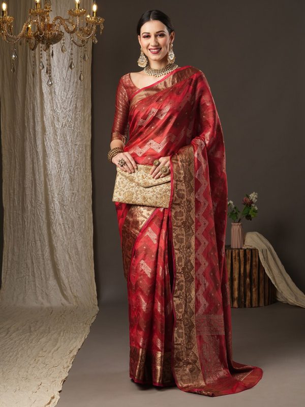 Saree Mall Pink & Gold-Toned Woven Design Zari Silk Blend Bagru Sarees Online now