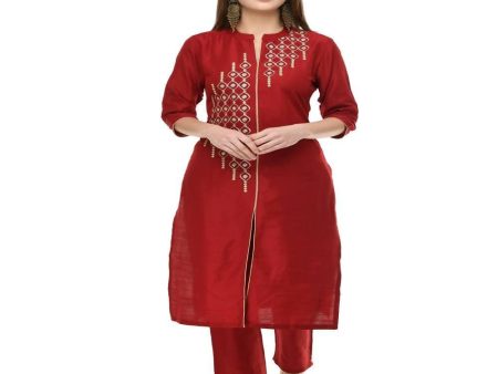 Lagi Women s Maroon Poly silk Straight Embroidred Kurta Pant (RO115A) Fashion