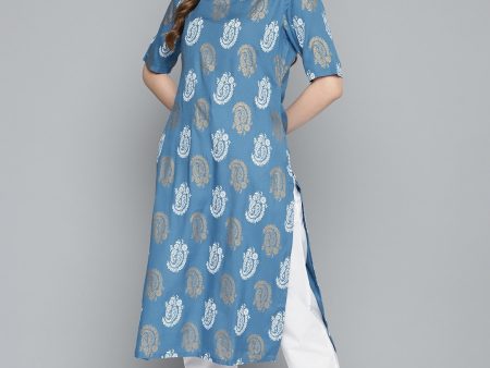 HERE&NOW Women Blue & Golden Paisley Printed Straight Kurta Sale