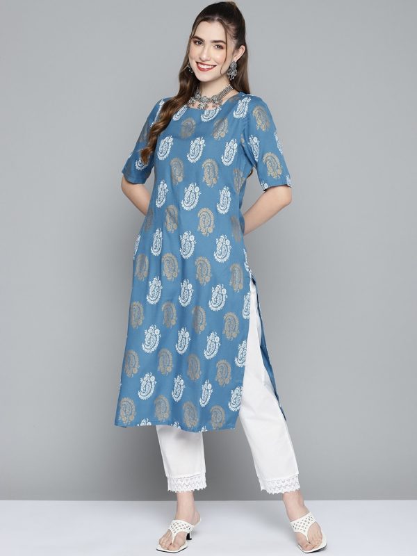 HERE&NOW Women Blue & Golden Paisley Printed Straight Kurta Sale