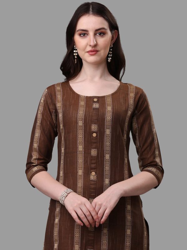 HERE&NOW Brown Striped Regular Pure Cotton Kurta With Trousers & Dupatta Supply