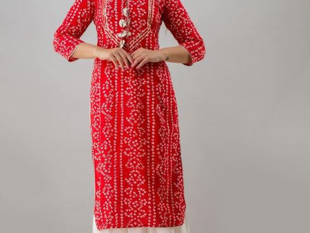 HERE&NOW Red & White Bandhani Printed Gotta Patti Straight Kurta Online