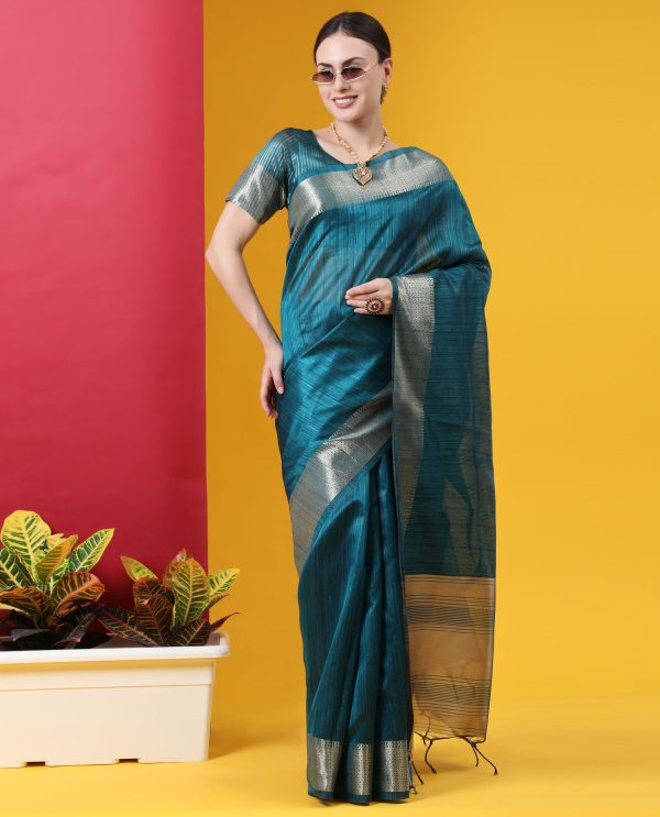 Vishnu Weaves Women s Teal Blue Tussar Silk Zari Woven Saree with Blouse For Cheap