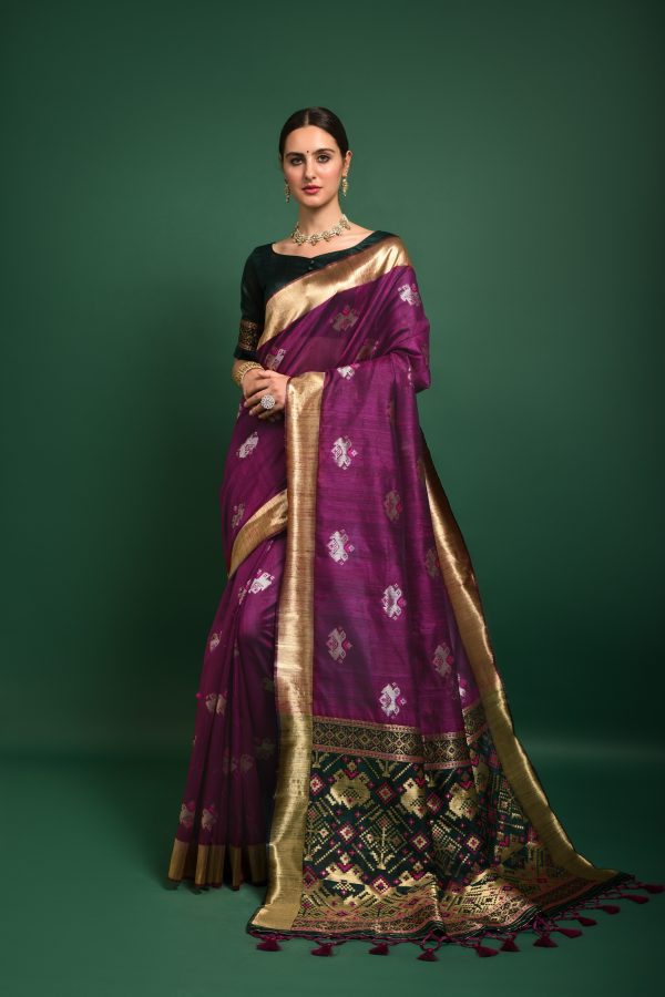 Vishnu Weaves Women s Wine Tussar Silk Zari Woven Saree with Blouse Online Sale