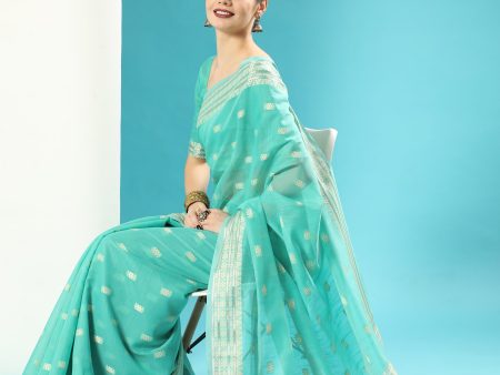 Vishnu Weaves Women s Sea Green Lucknowi Cotton Chikankari Woven Saree with Blouse Cheap