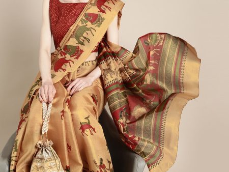 Saree Mall Saree Mall Creamy Mustard and Red Art Silk Saree Discount