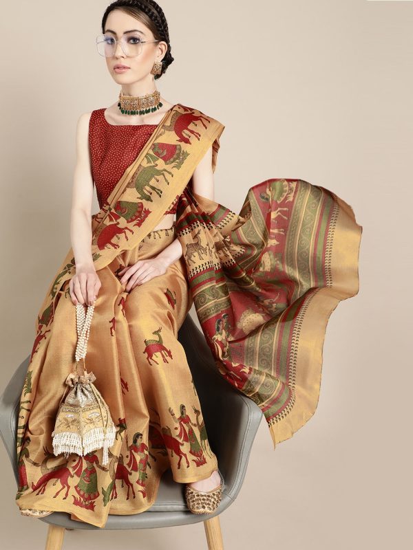 Saree Mall Saree Mall Creamy Mustard and Red Art Silk Saree Discount