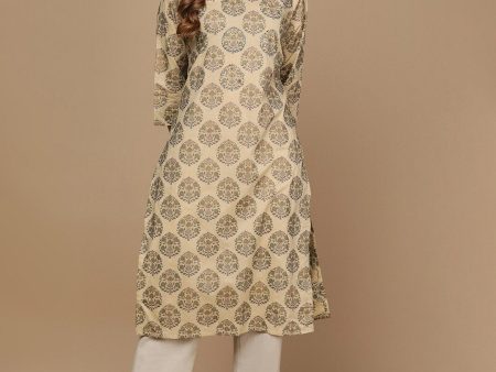 HERE&NOW Beige & Green Ethnic Motifs Printed Sequinned Thread Work Cotton Kurta For Discount