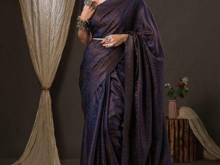 Saree Mall Navy Blue & Gold-Toned Woven Design Zari Silk Blend Banarasi Sarees For Discount