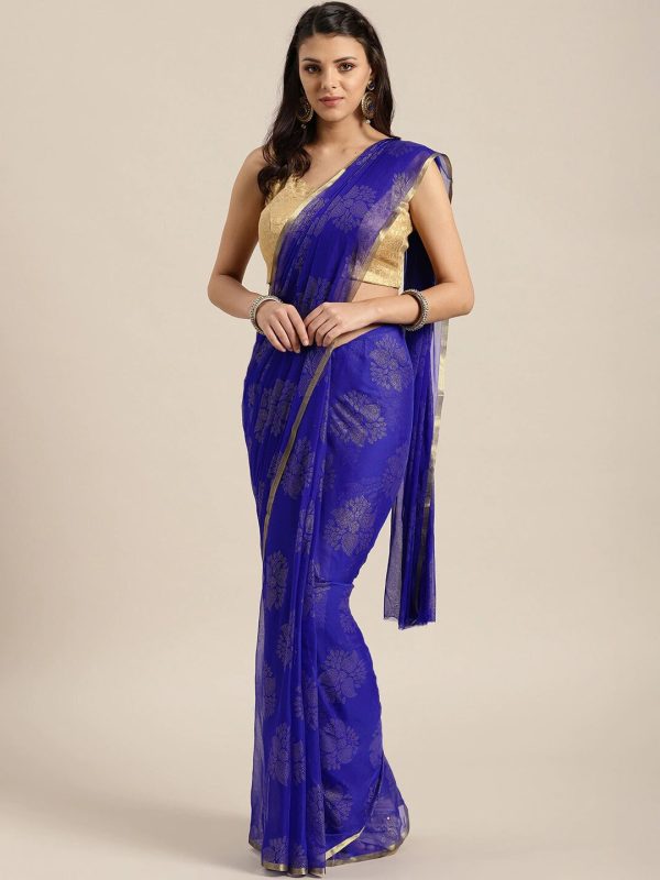 Saree Mall Blue & Gold-Toned Ethnic Motifs Sarees Fashion