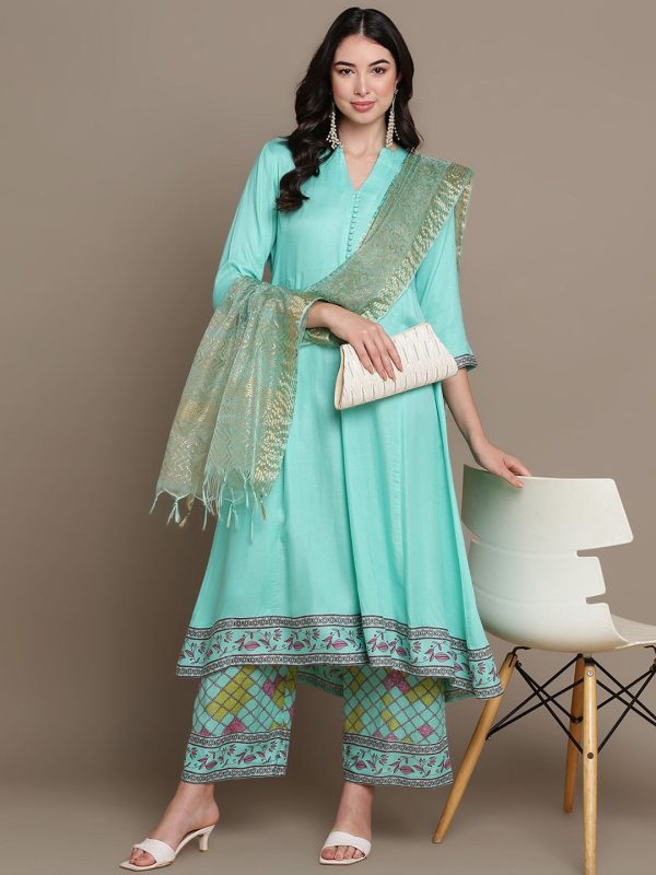 HERE&NOW Ethnic Motifs Printed Anarkali Kurta with Palazzos & Dupatta Cheap