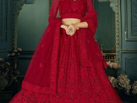 Myra Beautiful Red Heavy Embroidered Net Bridal Lehenga on Sale