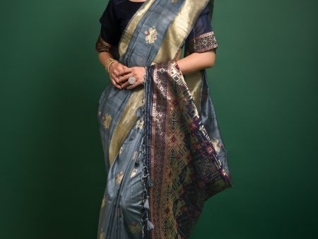 Vishnu Weaves Women s Grey Tussar Silk Zari Woven Saree with Blouse Fashion