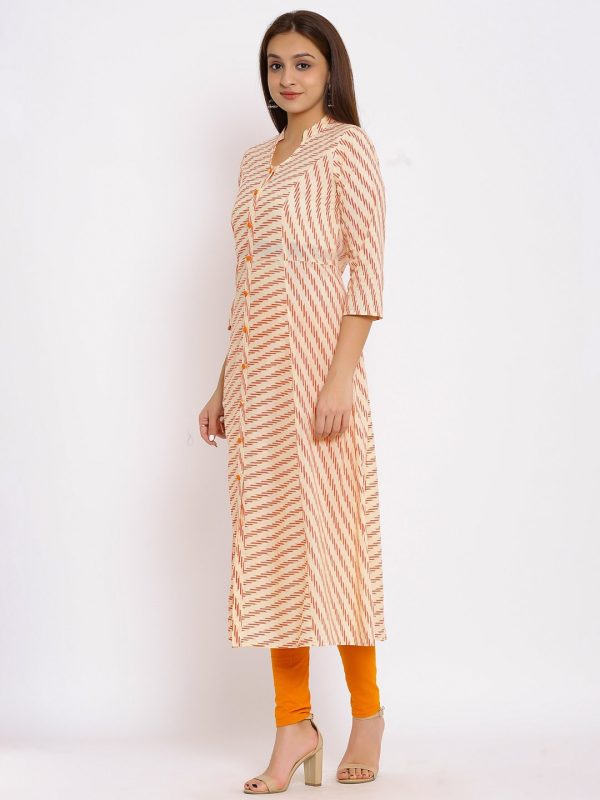 HERE&NOW Orange Mandarin Collar Striped A-Line Kurta Online Sale