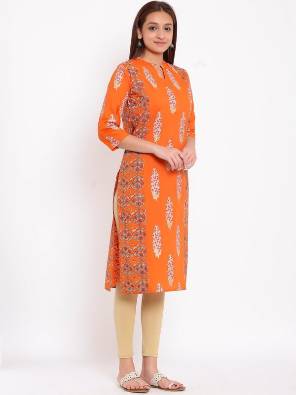 HERE&NOW Orange & White Ethnic Motifs Printed Straight Kurta Online now