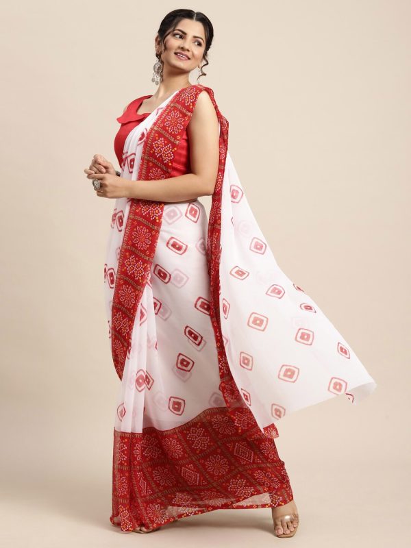 Saree Mall Women White & Red Bandhani Printed Poly Chiffon Sarees For Discount