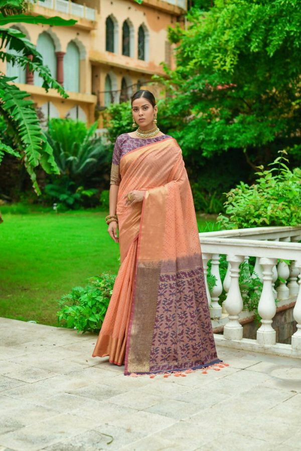 Vishnu Weaves Women s Orange Linen Cotton Bandhani Woven Saree with Blouse Sale