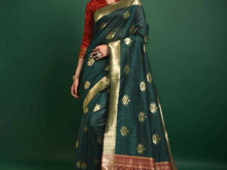 Vishnu Weaves Women s Bottle Green Tussar Silk Zari Woven Saree with Blouse Online