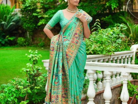 Vishnu Weaves Women s Green Banarasi Silk Kashmiri Woven Saree with Blouse Sale