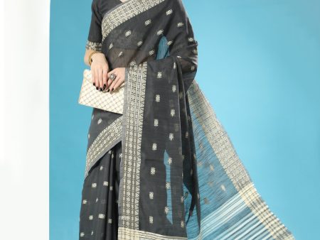 Vishnu Weaves Women s Black Lucknowi Cotton Chikankari Woven Saree with Blouse For Sale