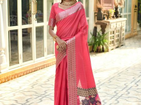 Vishnu Weaves Women s Rani Pink Cotton Silk Zari Woven Butta Work Saree with Blouse For Discount