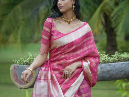 Vishnu Weaves Women s Rani Pink Organza Silk Zari Woven Saree with Blouse Hot on Sale