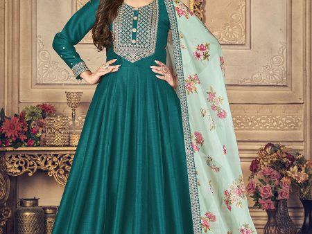 Myra Rama Green Silk Slub Embroidered Anarkali Suit For Sale