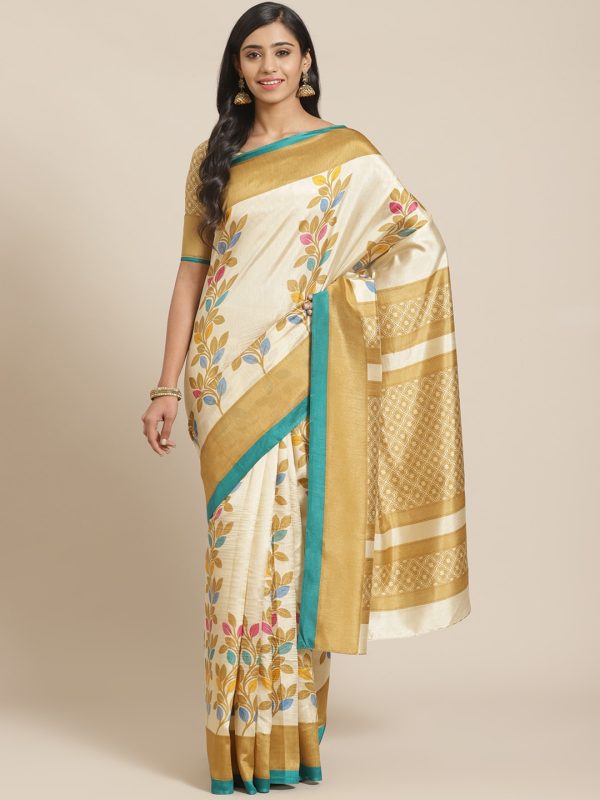 Saree Mall Beige & Blue Printed Saree Fashion