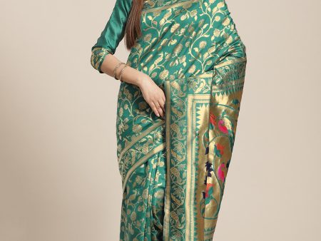 Saree Mall Teal Green & Golden Woven Design Banarasi Saree Fashion