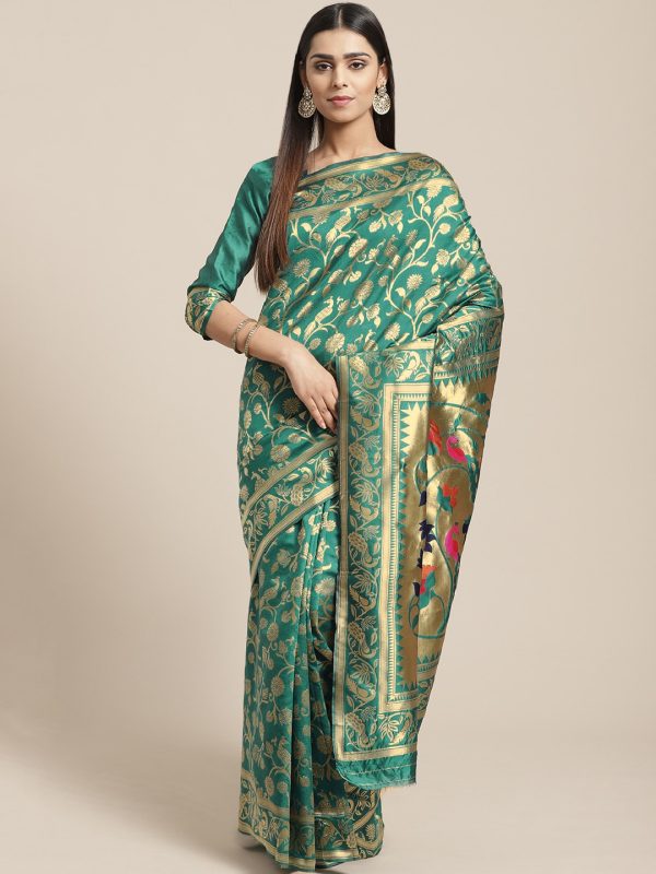 Saree Mall Teal Green & Golden Woven Design Banarasi Saree Fashion