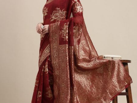 Saree Mall Maroon Floral Linen Blend Banarasi Saree Cheap