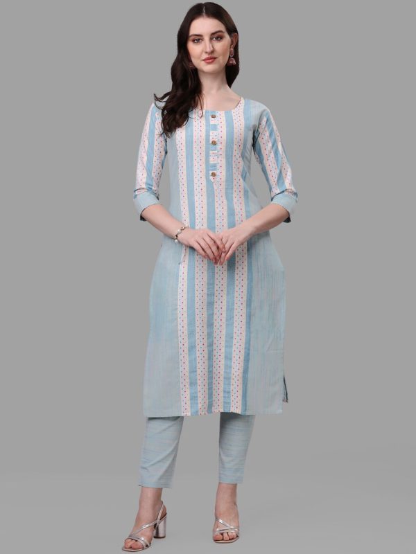 HERE&NOW Turquoise Blue Striped Regular Pure Cotton Kurta with Trousers & With Dupatta For Cheap