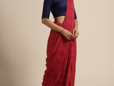 Saree Mall Red Pure Chiffon Tribal Print Bandhani Saree on Sale