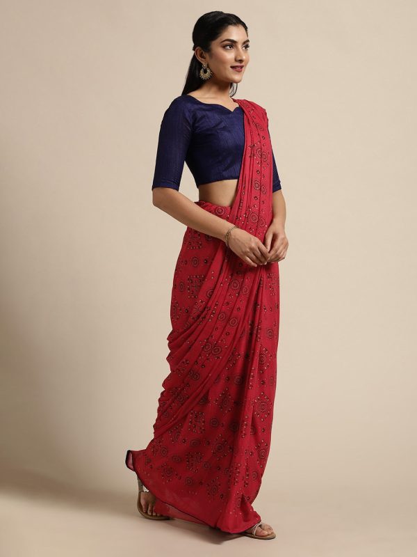 Saree Mall Red Pure Chiffon Tribal Print Bandhani Saree on Sale