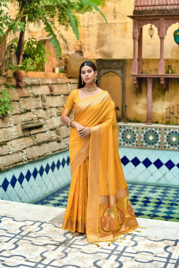 Vishnu Weaves Women s Yellow Cotton Silk Zari Woven Butta Work Saree with Blouse Discount