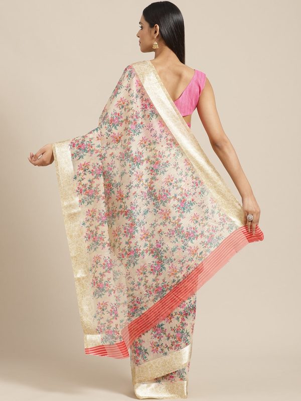 Saree Mall Cream-Coloured & Pink Floral Print Saree For Discount